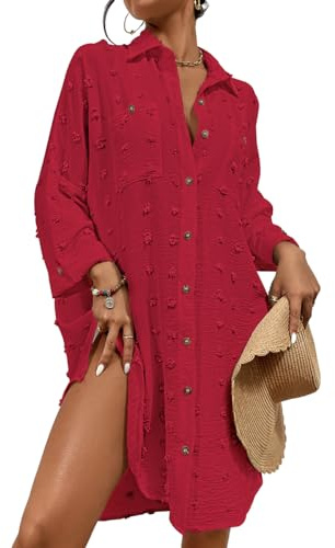 Bsubseach Strandklänning för dam med knappar och volangärmar, strandskjorta, blus, sommar, chic, eleganta badkläder, J-röd, One size