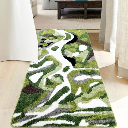 Homantic Bathroom Runner Rugs, Green Natural Bath Runner for Shower Floor, River, Moss, Large Bathroom Rug Runner, Long Bath Mat Bath Runner 24 x60
