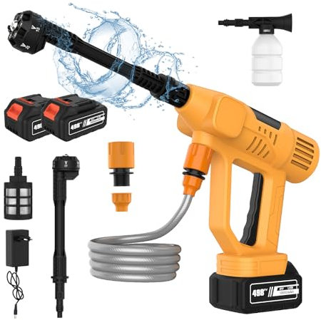 Akku Hochdruckreiniger, 65 Bar Tragbarer Hochdruckreiniger mit 2 x 6000mAh Akku, 6-in-1-Multifunktionsdüse, 10 Druckstufen, LED-Anzeige, Mobiler Hochdruckreiniger für Autos, Terrasse, Fenster
