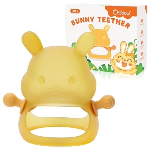 Orzbow Jouet Bebe 0-3-6-9 Mois, Silicone Lapin Anneau de Dentition Bebe avec Poignée Amovible, Facile Saisir & Nettoyer, Légèreté Jouet Dentition Bébé pour Les Besoins de Succion, Nano-Argent