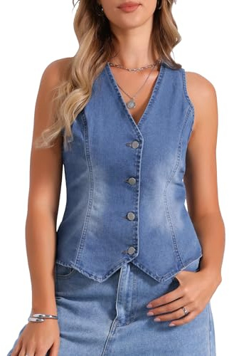 Allegra K Gilet en Jean pour Femme Blouson sans Manches en Denim à Col en V Veste Boutonné Décontractée Vintage Bleu clair XL