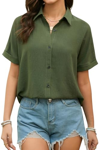 Stamain blus damer kortärmad muslinskjorta blus damer sommar ledig blus skjorta enfärgad elegant V-ringad kortärmad blus, Armégrön, S
