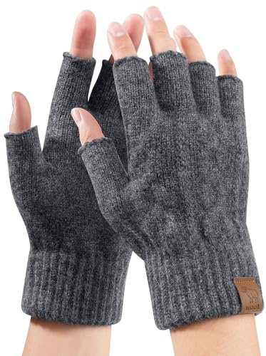 Voqeen Vinter Fingerlösa Handskar Män Och Kvinnor 100% Ull Värmestickad Varma Handskar Halva Fingrar Arbete Löpning Körning, Mörkgrå, Donna (M