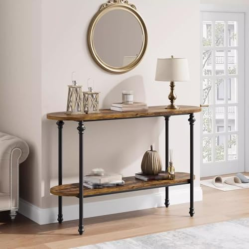 Konsolentisch Holz Rustikal Breite Tischplatte Abgerundete Ecken Solid Wood Console Table Doppellagige Ablage Hohe Tischbeine Geeignet für Eingangsbereiche und Büros(B,90 * 30 * 75cm)