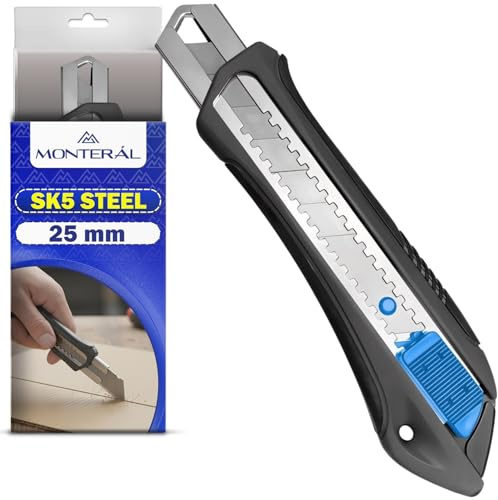 Taglierino Professionale 25 mm con Lama in Acciaio SK5 - Cutter Professionale con Resistenza allo Strappo di 60 kg e Blocco Automatico - MONTERAL