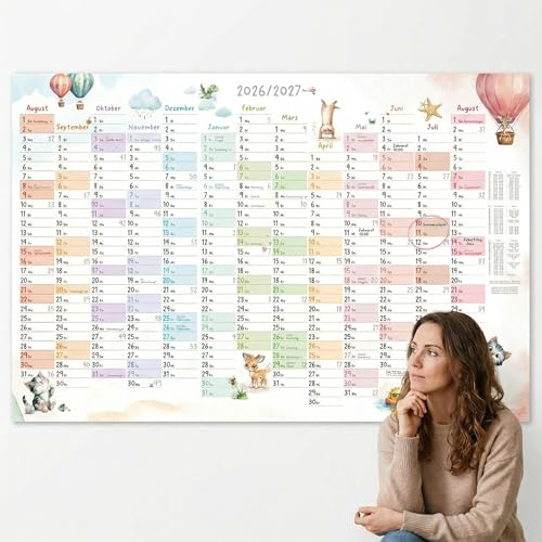 TOBJA Calendrier Scolaire A1 2026/2027 Monde Animal Pastel – 13 Mois Août 2026–Août 2027, Vacances/Fériés DE & AT, 150g, écrivable, plié | Calendrier Mural XL 2026 2027