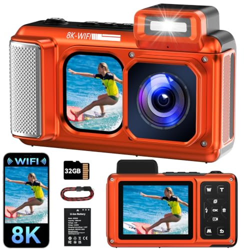 MaxMango V08 Pro 49FT Camara Acuatica，8K 90MP WiFi Pantalla Táctil Cámara Digital，2,8 Pulgadas con Doble Pantalla, Resistente, a Prueba de Polvo y a Prueba de Golpes, Ideal para Snorkel, Naranja
