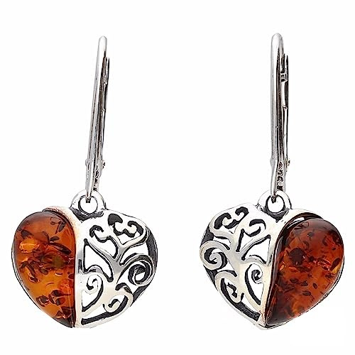 Pendientes de plata de ley 925 con diseño de corazón de filigrana y ámbar naranja báltico para mujer, pendientes colgantes de gota elegantes, joyería de ámbar 070125C