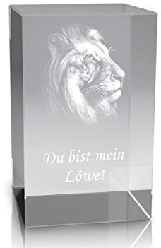 VIP-LASER 3D Glaskristall Quader XL mit einem Löwen/Löwenkopf und Text Du bist Mein Löwe - für die Ewigkeit in Glas graviert!
