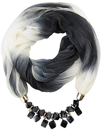 MoreChioce Mode Anhänger Schal,Bindefarbe Chiffon Umschlagtuch mit Strass Perlen Schmuck Fransenschal Frauen Rundschal Halskette Schal Bandana Halstuch,Tintenfarbe