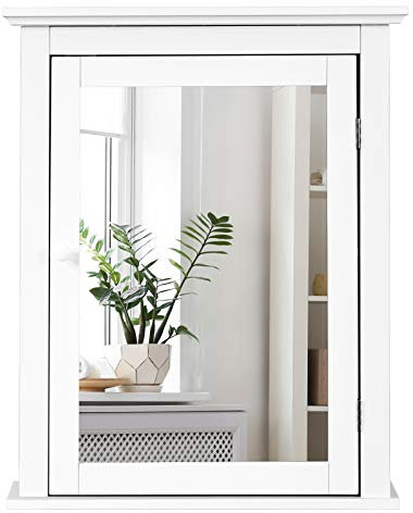GOPLUS Spiegelschrank Badezimmer, Badezimmerspiegel Badspiegel mit Tür, Wandschrank Hängeschrank mit Stauraum mit Höhenverstellbaren Regal Ebenen, für Badezimmer WC, Farbwahl (Weiß)