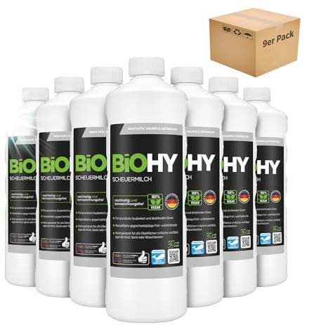 BiOHY Scouring Milk (9 x 1l Bottle) | effortlessly removes Burnt-in Food residues | Thorough Cleaning Without Scratching | for Enamel, Ceramic & Stainless Steel (Scheuermilch)