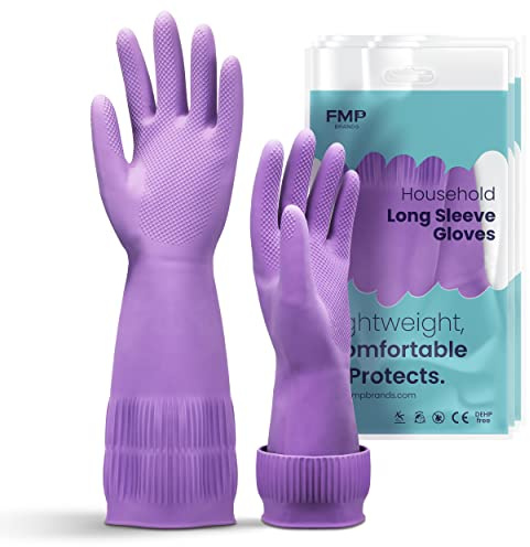 FMP Brands 3 Pairs 15 Inch Extra Long Rubber Dishwashing Gloves - Non-Slip for Cleaning, Kitchen, Bathroom, Gardening (Medium, Purple)