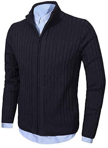 aoli ray Mens Knitted Cardigan Full Front Zipper Sweater with 2 Side Pockets Navy Blue Large
