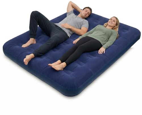 VFM - Double Airbed, Flocked Inflatable Mattress for Camping and Guests, Blow Up Bed, Soft-Top Air Mattress Double With Repair Patch, Blue