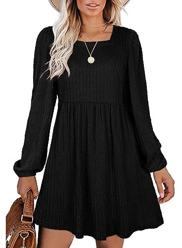 Aokosor Long Sleeve Knit Dress Square Neck Jumper Dresses Knee Length Babydoll Dresses Black Size 22-24
