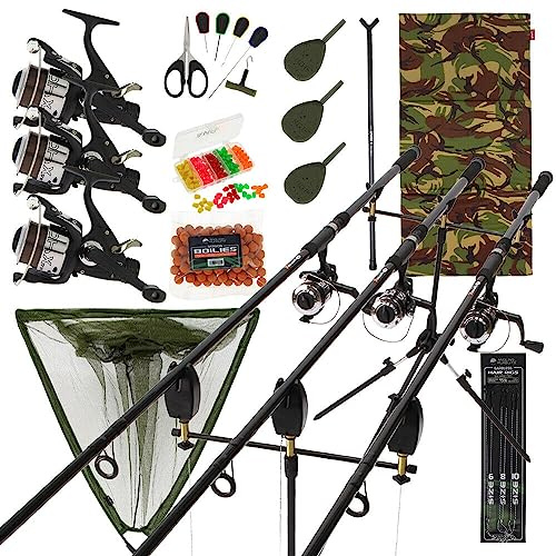 Full Carp Fishing Set With 3 x Rods And Reels Alarms Landing Net Mat Pod Tackle