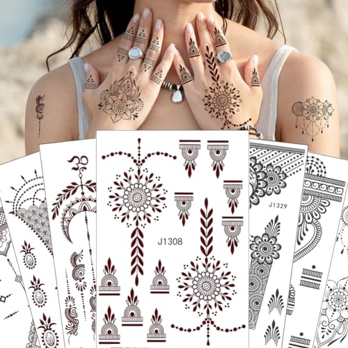 XMASIR 12 Sheets Temporary Tattoo Stickers, Indian Mandala Fake Tattoos Kit | Black Brown Waterproof Tattoos For Women Girls, Flower Body Art Stickers For Wedding Party Festivel