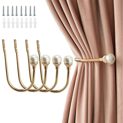 COCIVIVRE 4 Pack Curtain Holdbacks Wall Mounted Curtain Tiebacks Hooks Plastic Pearl U Shape Curtain Tiebacks with Screws Curtain Ties for Home Office-Gold
