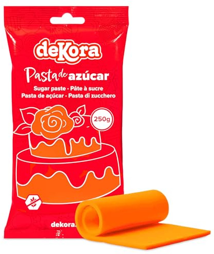 Dekora - Pasta de Azúcar Fondant Naranja para Tartas - Cobertura para Bizcochos, Tartas, Pasteles, Magdalenas o Cupcakes con el que Hacer Todo Tipo de Decoraciones - Modelado Fácil - 250 g