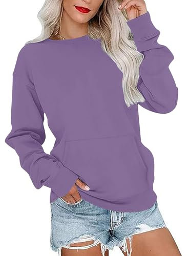 PLOKNRD Damen Sweatshirt Basic Langarmshirt Rundhals Vielseitige Pulli Herbst Winter mit Taschen(Lila,M)