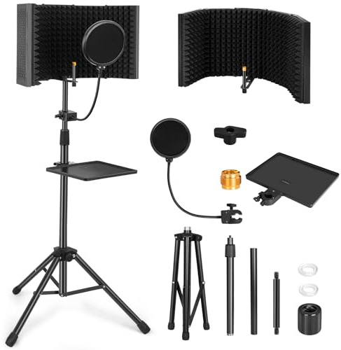 AKOZLIN Schermo isolante per microfono da studio, pieghevole, con filtro anti-pop e supporto per treppiede, adattatore per microfono da 3/8 a 5/8, per microfoni Blue Yeti e a condensatore