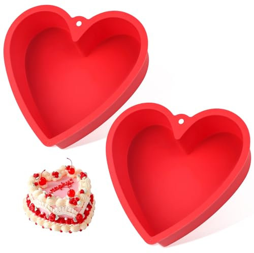 QEEYON Silicone Heart Shaped Cake Tin, 2 Pcs 10 Inch Love Cake Moulds, Cake Baking Pan BPA Free, Non Stick Silicone Heart Baking Tin Baking Tray for Cake Cheesecake Chiffon Puddings Bread(Red, 21 cm)