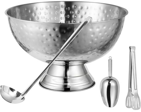 Explicraft Ice Bucket for Parties and Punch Bowl Set, 15.7 Inch Large Stainless Steel Champagne Chiller with Ladle Scoop and Tongs, Pedestal Beverage Tub for Wedding Mimosa Bar(Hammered)