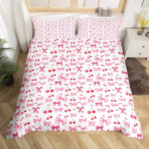 Manfei Pink Bows Duvet Cover Set Single Size, Red Cherry Bow Bedding Set 2pcs, Fashion Bowknot Comforter Cover, Kids Girls Princess Room Decor, Lightweight Bedspread Cover, 1 Pillowcase, No Comforter