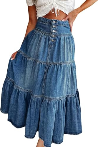 yoeasy Jupe longue en jean taille haute pour femme - Style bohème fluide - Volants plissés - Coupe trapèze