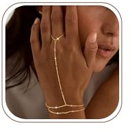 Tewiky Gold Dainty Ring Bracelet Hand Chain for Women - 14K Gold Plated Layered Adjustable Satellite Bead Paperclip Dot CZ Link Hand Chain Bracelets Non Tarnish Trendy Jewelry Gift GD2A