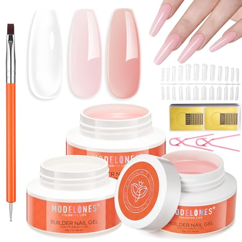 modelones Builder Nail Gel 3 Colors French Tip, 10-in-One Builder Clear Nude Pink Hard Gel Nail Kit with Dual End Brush, Acrylic Clamps, Paper Forms for Extension Apex Building Sculpting LED Cured