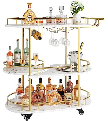 RBFGYIOP Carrello Bar Oro a 4 Ripiani con Ruote, Portabottiglie e Porta Bicchieri – Mobile Bar per Cucina, Soggiorno e Sala da Pranzo, Ripiano Girevole a 360°, Ideale per Party e Riunioni – Colore oro