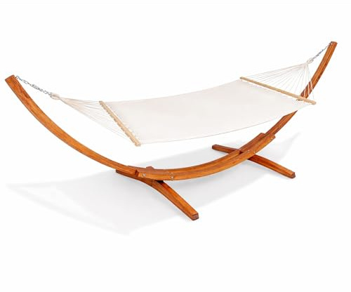 BRICOZONE Amaca XXL Da Giardino Con Supporto In Legno Matrimoniale 2 Posti Con Struttura Ad Arco Resistente Per Esterno Patio Terrazza Piscina Portata 200 Kg Colore Beige 415x120x124 Cm