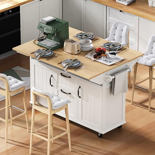 Isola da cucina con ruote e tavolo da pranzo estensibile – Isola da cucina mobile con presa elettrica, contenitore per rifiuti e portasalviette, carrello da cucina con spazio di archiviazione per