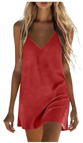 Vestido de Playa para Mujer, Verano 2026, Escote en V y Tirantes, Sin Mangas y Corte Holgado, Color Sólido Casual, Ideal para Vacaciones, Playa, Casa y Días de Descanso