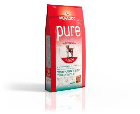 MERA PURE Adult Trockenfutter, Hundefutter ohne glutenhaltige Zutaten für sensible Hunde mit Truthahn und Reis, 12,5 Kg