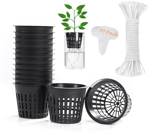 ORIMERC 30 STK 3inch(8cm) Netztöpfe Hydroponik Net Pot mit 30 Feet Selbstbewässerungsdocht & 30 STK Pflanzenetiketten Hydroponischer Becher Mesh Cup Topf Gemüse Orchidee Aquaponik Kratky Hydrokultur