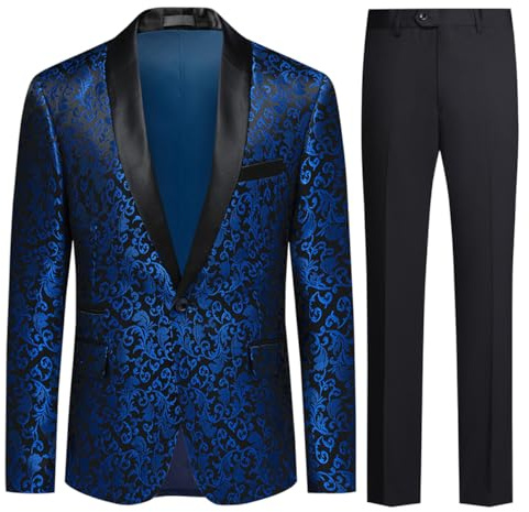 Allthemen Traje de Esmoquin Jacquard Ajustado de 2 Piezas para Hombre para graduación de Fiesta de Boda Azul L