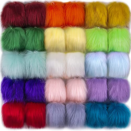 SIQUK 30 Pieces Faux Fur Pom Pom Faux Fox Fur Pom Balls Fluffy Pom Pom with Elastic Loop Poms for Hats Scarves Gloves Bags Accessories (15 Colors, 2 Pcs Per Color)
