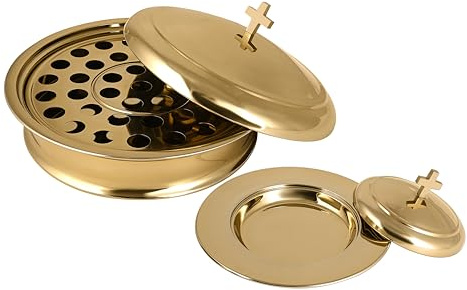 Communion Ware Vassoio da portata per vino sacro con coperchio e piatto per pane impilabile con coperchio, in acciaio inox (ottone/oro lucido)