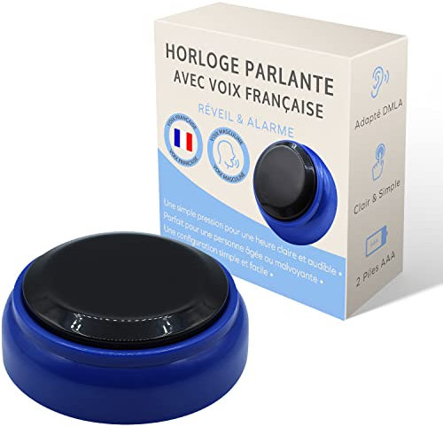 Sprechende Uhr für Alzheimer, Abitus, Sehbehinderung oder Personen, klare französische Stimme, Geschenkidee für große Mutter oder Großvater, mit akustischem Wecker (schwarz und blau)