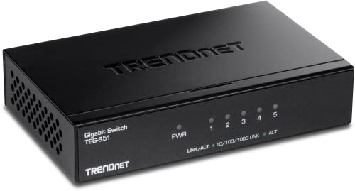 TRENDnet Gigabit Desktop Switch, TEG-S51, 5 x Gigabit RJ-45 Ports, Ethernet Splitter, 10Gbps Switching Capacity, Fanless Design, Metal Enclosure, Lifetime Protection