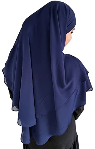 Yaqeen Hijab court en mousseline de soie Khimar 2 couches coupe diamant triangle hijab musulman écharpe une pièce foulard chadors arabie robe de prière islamique châles musulmans, bleu marine, Taille