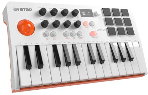 HXW 25 Keys MIDI Keyboard with 9 Backlit Battery Pads, OLED Display, Bluetooth Keyboard for iPad/iPhone/Mac and PC, Free Music Production Software, White