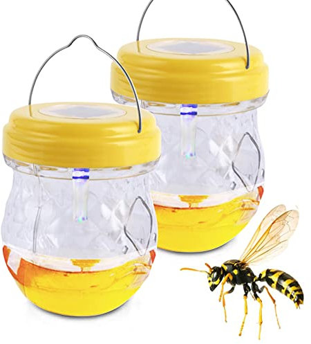 Piege a Guepes Exterieur Jardin, Piege a Guepes et Frelons, Piege a Mouche Solaire avec Lumière, Piège Frelon Asiatique LED, Piège à Frelons à Suspendre Attrape Abeilles Amovible (2 Pièces, Jaune)