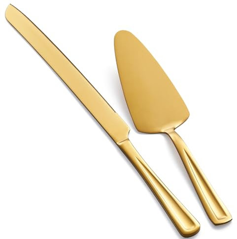 GoGeiLi Set di coltelli e server per torte in oro, set da taglio per torte in acciaio inox da 33 cm, elegante set di taglierine per matrimoni, compleanni, feste, anniversari
