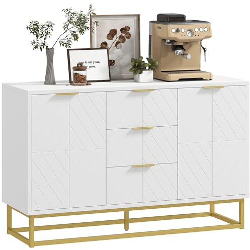 HOMCOM Sideboard for Living Room, Storage Cabinet, Gold Metal Base, White