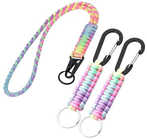 Mecmbj Paracord Schlüsselanhänger, Schlüsselband mit Karabiner, 3 Stück Schlüsselband Bunt Schlüsselanhänger Geflochten Paracord Lanyard für Ausweise, für Outdoor, Camping, Wandern