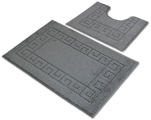 Ambience Products Greek Key Pattern Bath Mats 2 Piece Sets Non Slip Bathroom Mat, Soft Washable Rug Quick Dry Water Absorbent Bathroom Shower Mat & Pedestal Set (Charcoal)